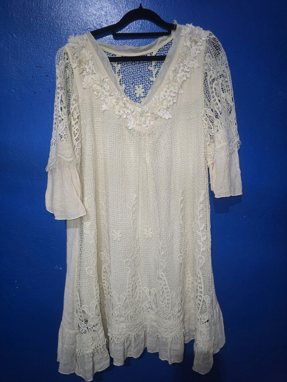 VTG Pretty Angel Beige Embroidered Beaded Lace Silk Boho Tunic Dress Sz Medium